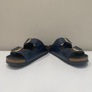 Birkenstock Arizona Big Buckle Slide in Navy Leather, Narrow Width